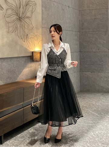 Nello Tweed Bustier Puff Blouse (Belt Set)